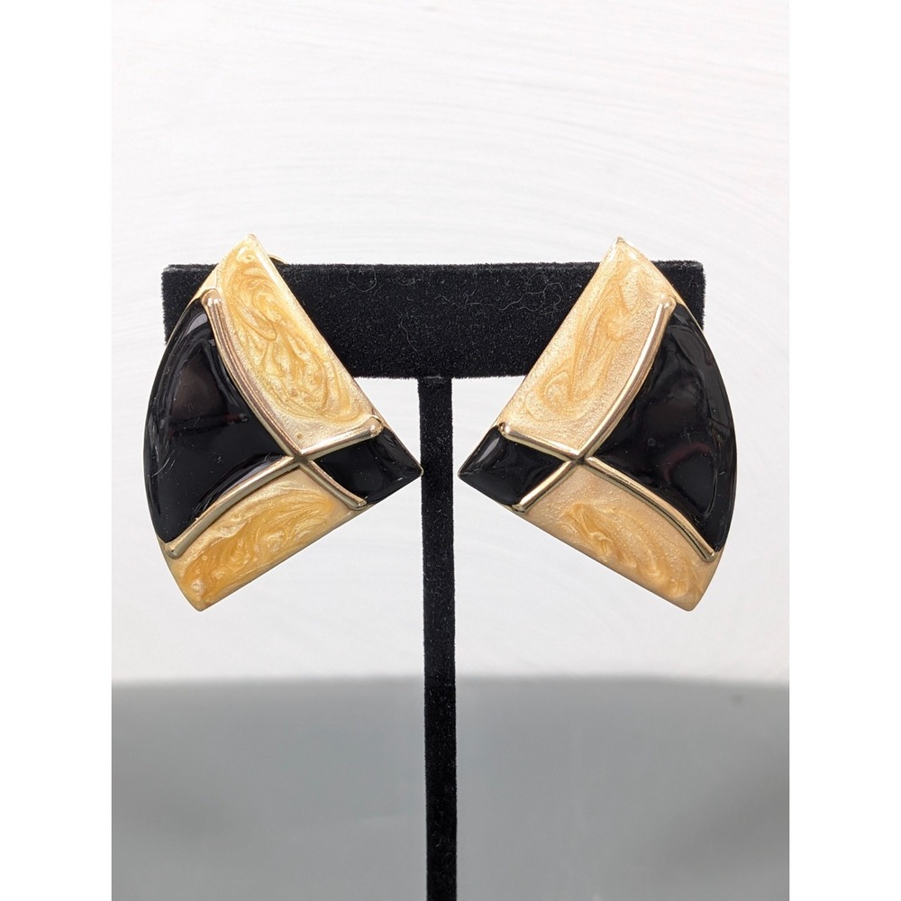 Vintage Golden Black Enamel Modernist Bold Statement Clip On Earrings Triangle